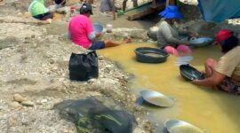 Warba berbondong-bondong mendulang emas di bawah jembatan Wanibe, Kabupaten Buru. (Foto: Max Seleky) 