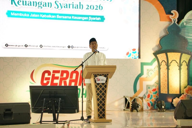 Kepala Otoritas Jasa Keuangan (OJK) Provinsi Maluku, Andi Muhammad Yusuf menyampaikan sambutan pada acara puncak Gebyar Ramadan Keuangan (GERAK) Syariah Tahun 2026 yang diselenggarakan OJK Mauku, di Gedung Islamic Center Ambon, Sabtu (7/3/2026). Foto : Dok. OJK Maluku.
