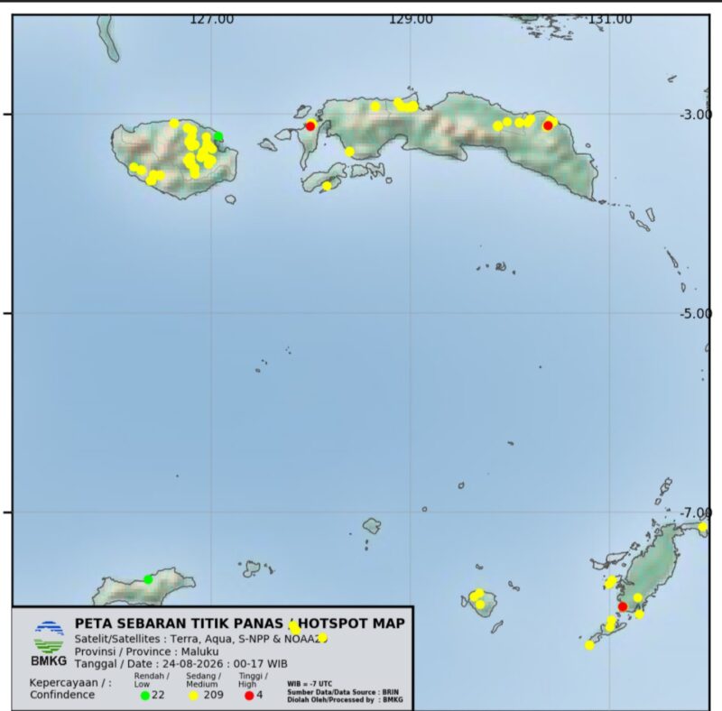 Tangkapan layar sebaran titik panas atau Hotspot di Maluku per Senin, 24 Agustus 2026. (Foto: BMKG/HEADLINETIMUR.COM)