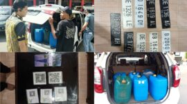 Tersangka dan barang bukti penyalahgunaan BBM jenis Pertalite di Kota Ambon. (Foto : Dok. Polda Maluku)