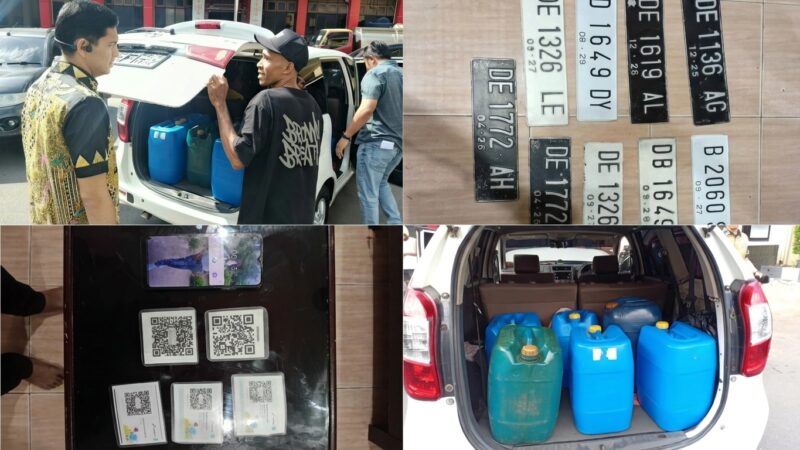 Tersangka dan barang bukti penyalahgunaan BBM jenis Pertalite di Kota Ambon. (Foto : Dok. Polda Maluku)