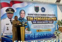 Bupati Seram Bagian Timur, Fachri Husni Alkatiri menyampaikan sambutan sekaligus membuka kegiatan 
Rapat Kerja (Rakerda) TP-PKK Kabupaten SBT yang mengusung tema “Sinergi Gerakan PKK dalam Mewujudkan Sapta Cita Menuju Indonesia Emas 2045”, di aula kantor Kementerian Agama SBT di Bula, Selasa (15/9/2029). (Foto: HEADLINETIMUR.COM)